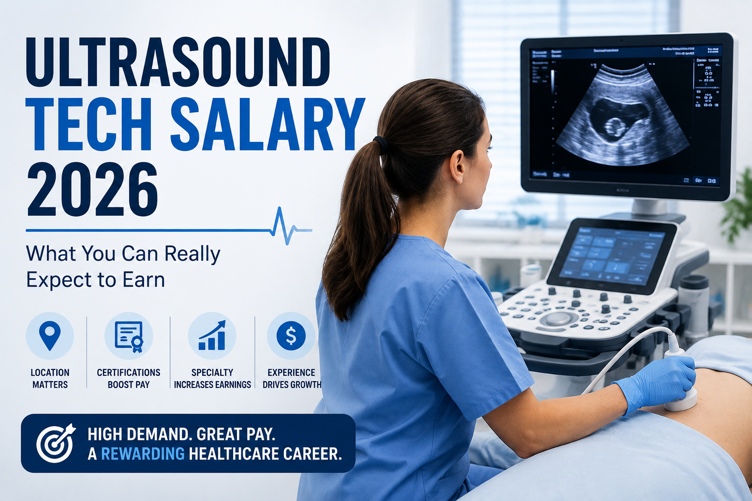 Healthcare professional performing an ultrasound scan with salary statistics and career growth illustration for ultrasound technicians in 2026.