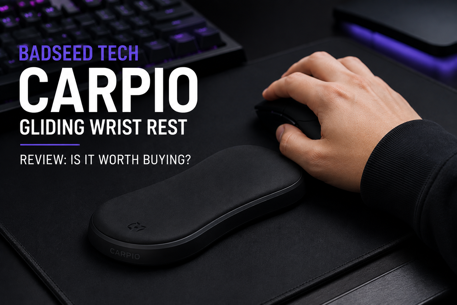 BadSeed Tech Carpio gliding wrist rest beside a gaming mouse on a desk setup, showcasing its ergonomic design for improved wrist support.